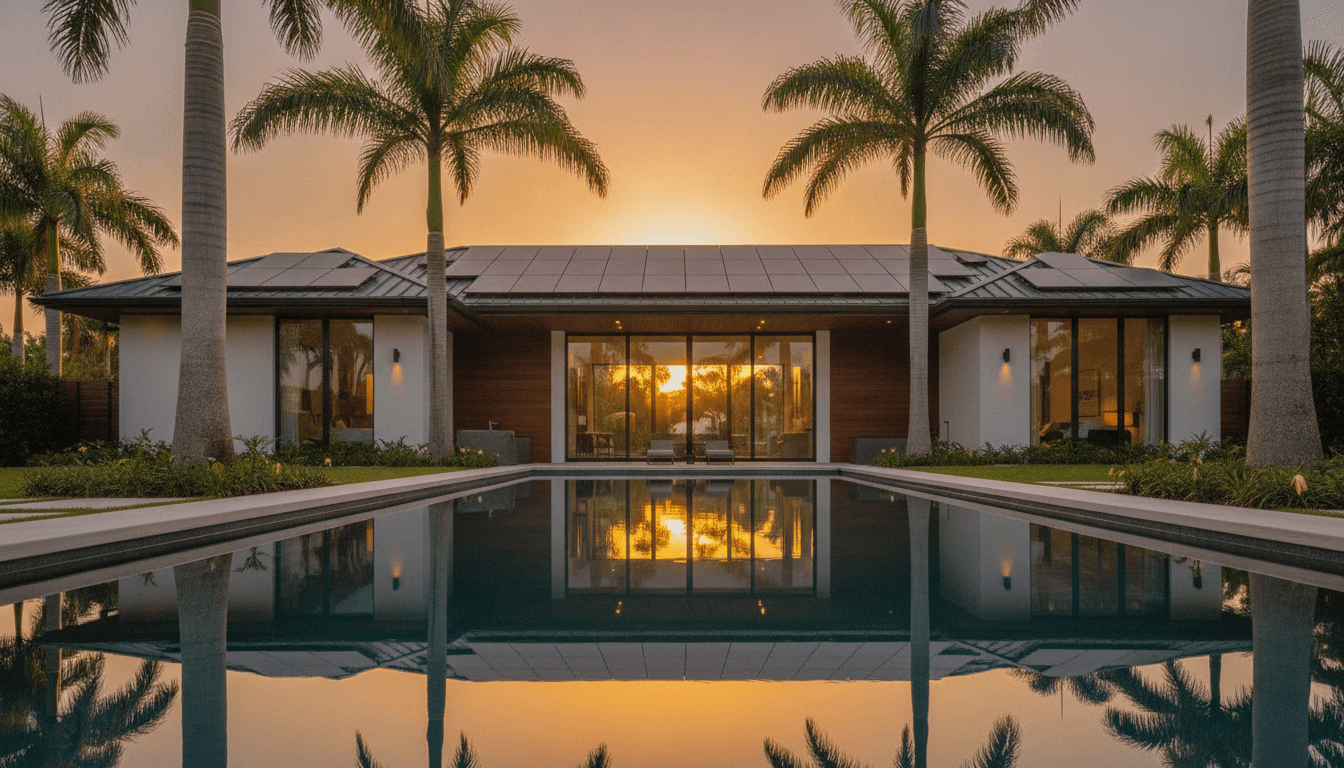 A luxury Florida home with solar panels at golden hour